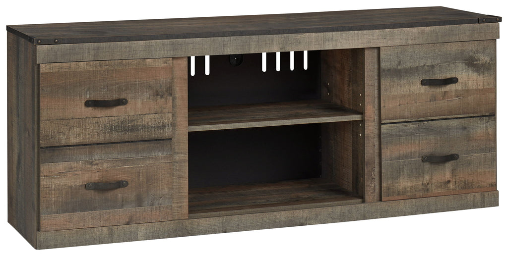 Dark brown wood TV stand with open center shelf and two side drawer cabinets