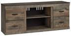 Dark brown wood TV stand with open center shelf and two side drawer cabinets