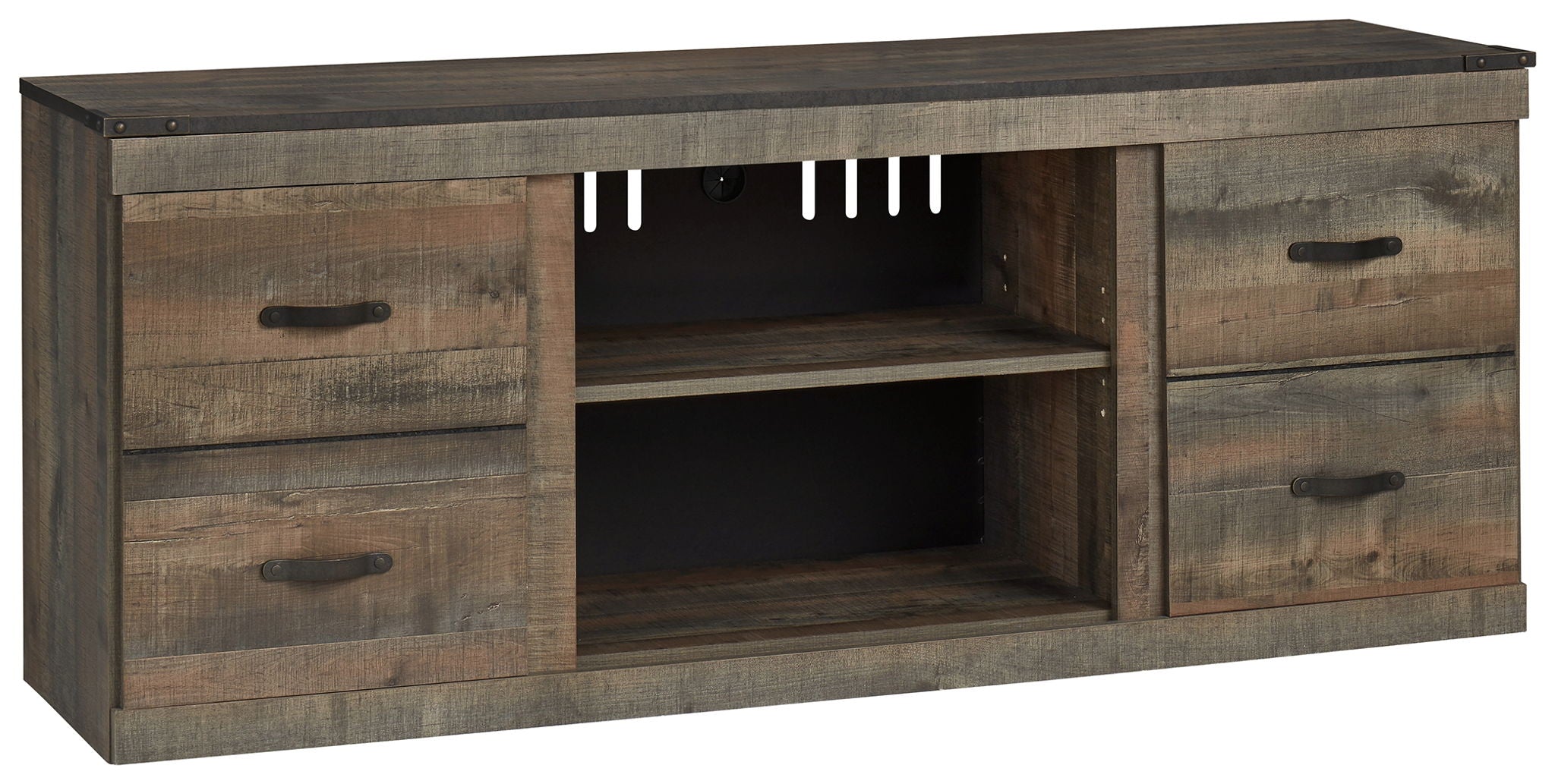 Dark brown wood TV stand with open center shelf and two side drawer cabinets