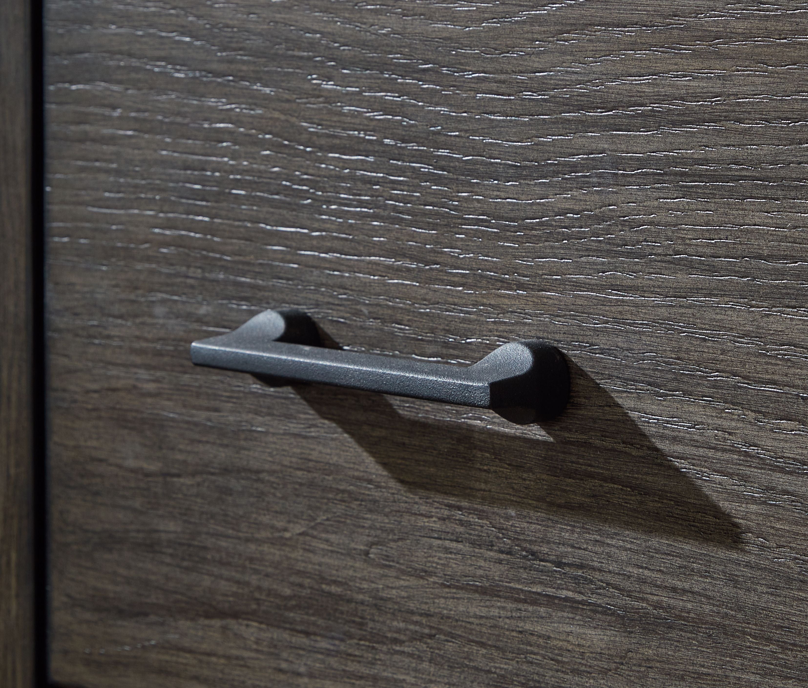 Grayish brown dresser drawer with long silver metal handle