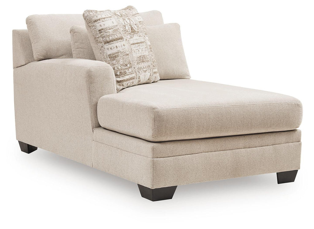 Beige LAF corner chaise with wide seat, square arms, and dark wood-style feet