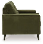 Olive green upholstered loveseat with tufted back, rolled arms, and dark tapered legs.