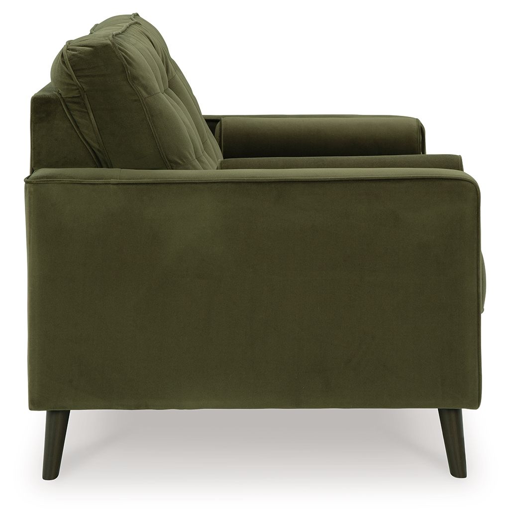 Olive green upholstered loveseat with tufted back, rolled arms, and dark tapered legs.