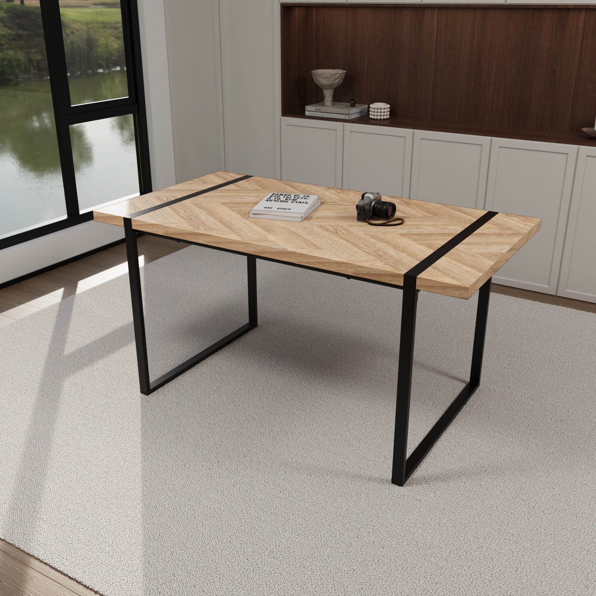 59" Modern Dining Table Set w/ 4 Suede Chairs