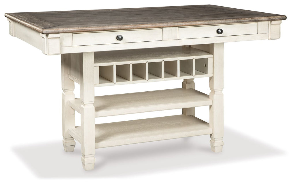 Beige rectangular counter table with two drawers and open cubby storage under the top