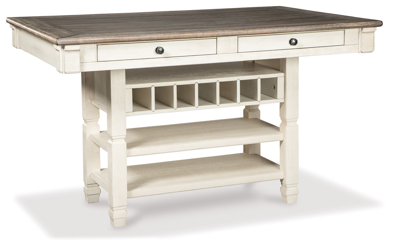 Beige rectangular counter table with two drawers and open cubby storage under the top
