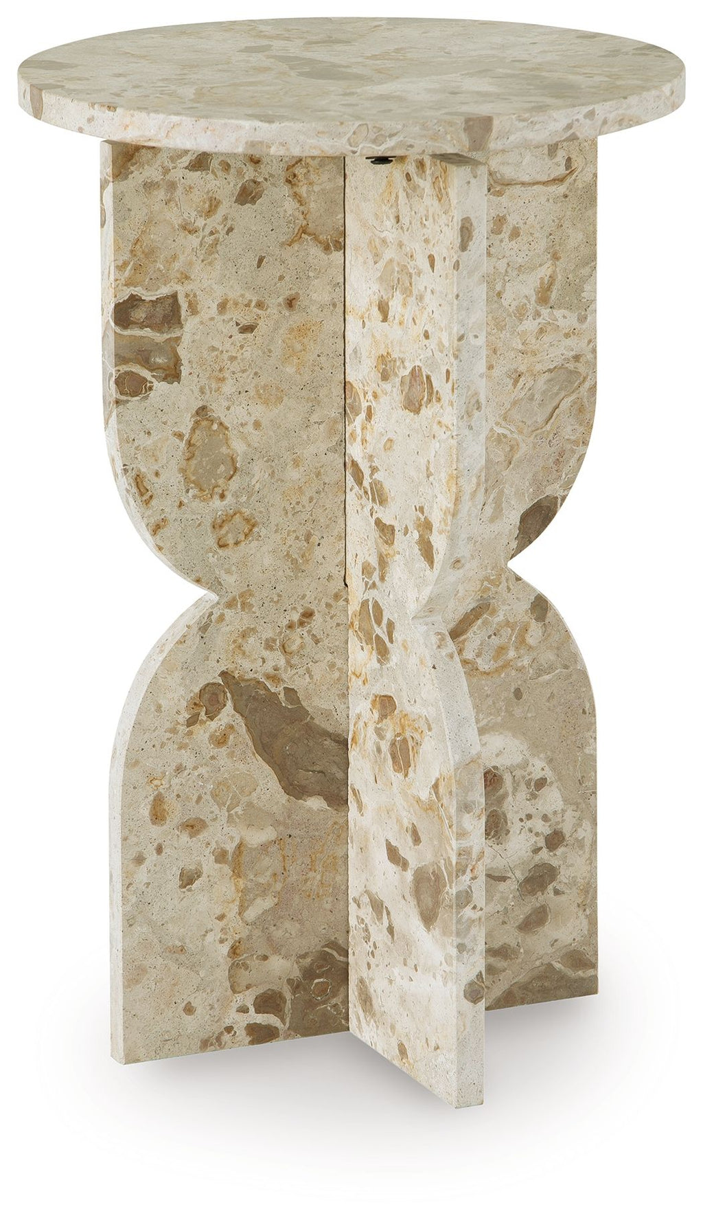 Beige stone-look accent table with round top and hourglass pedestal base