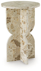 Beige stone-look accent table with round top and hourglass pedestal base