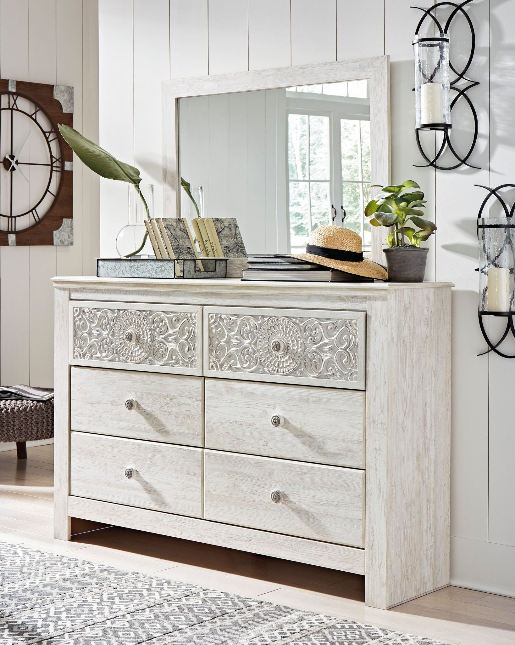 Whitewash dresser with mirror, carved medallion drawer panels and round knobs