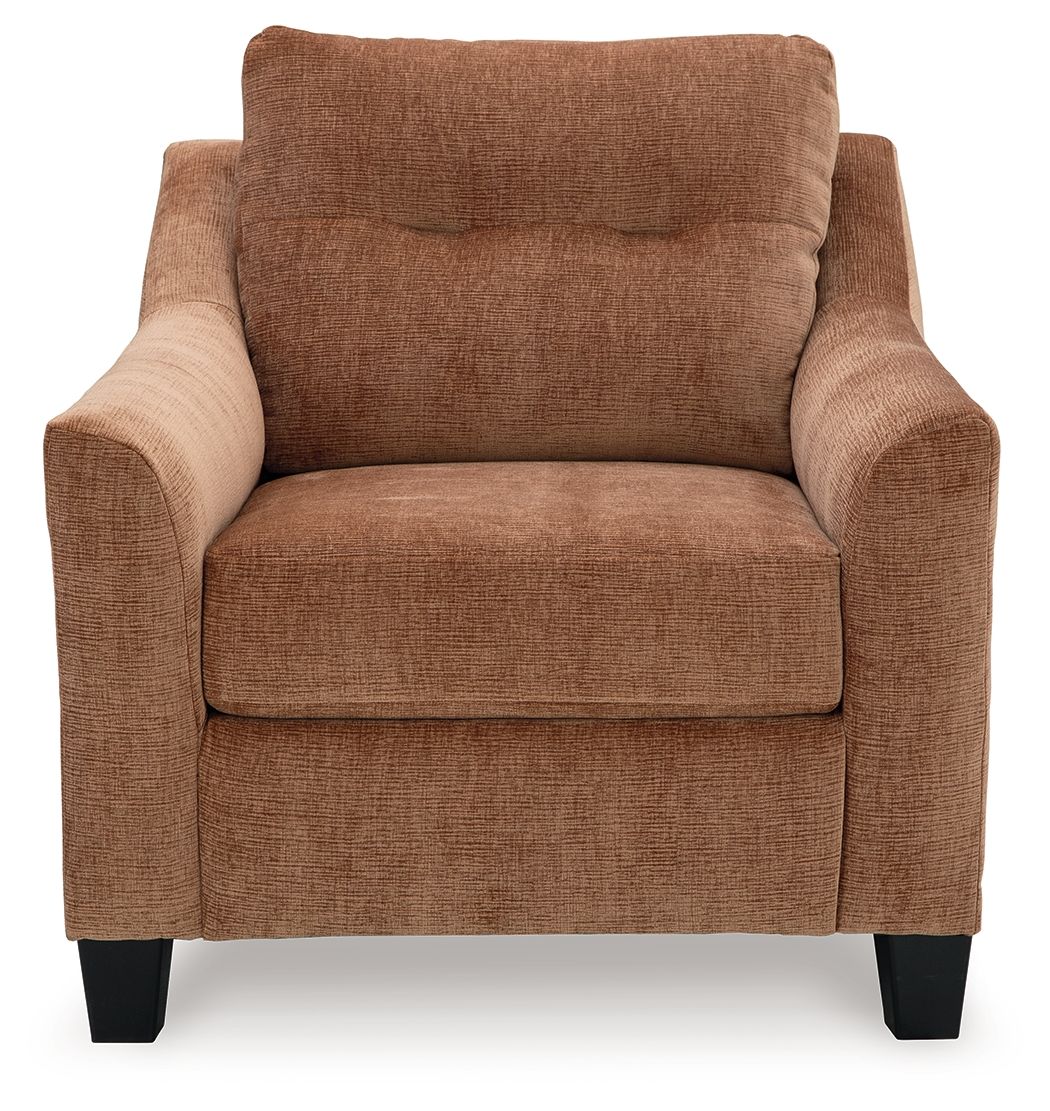 Brown upholstered accent chair with curved arms, thick seat cushion, and black feet