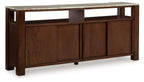 Dark brown accent cabinet with paneled doors and open shelf across the top