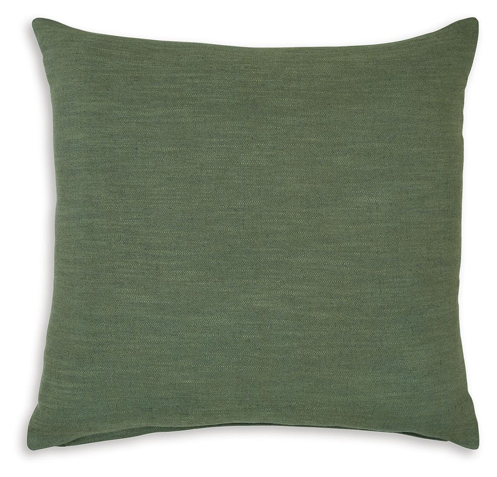 Olive green square throw pillow with plain woven texture and stitched edges