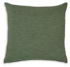 Olive green square throw pillow with plain woven texture and stitched edges