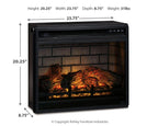 Black infrared fireplace insert with height, width, depth dimensions diagram