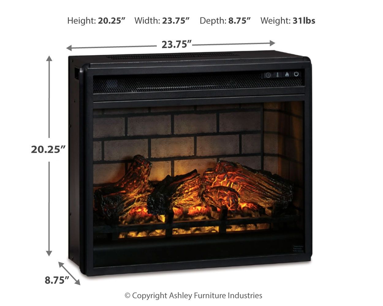 Black infrared fireplace insert with height, width, depth dimensions diagram