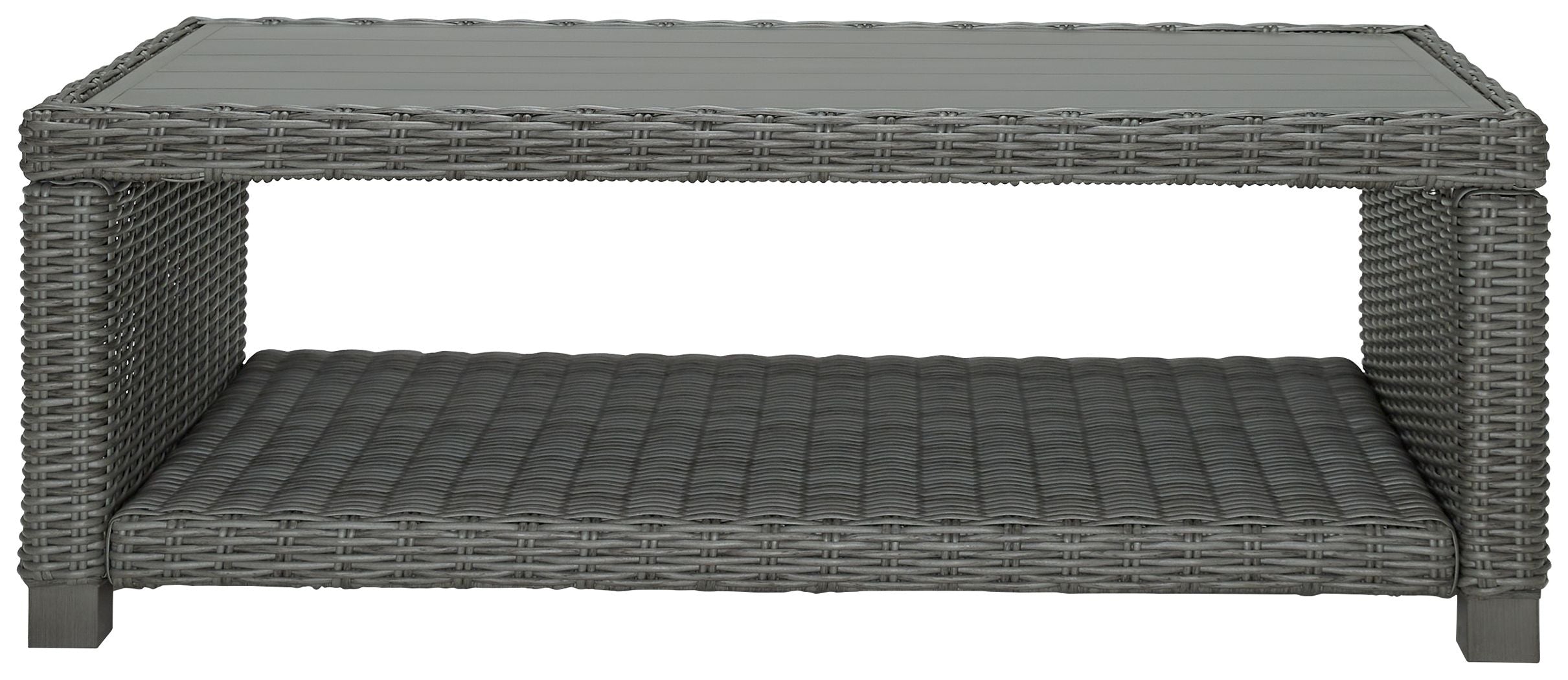 Gray rectangular cocktail table with woven top frame and cushioned base