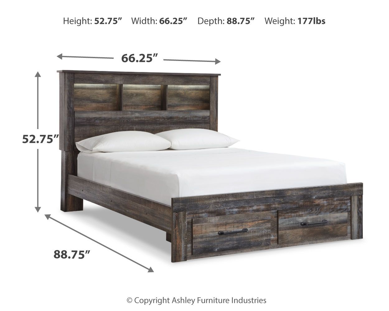 Panel bookcase bed diagram with side storage drawers, dark wood finish, white mattress