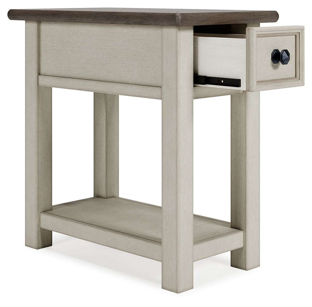 Chair side end table in light white finish with open drawer and open lower shelf