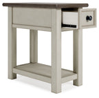 Chair side end table in light white finish with open drawer and open lower shelf