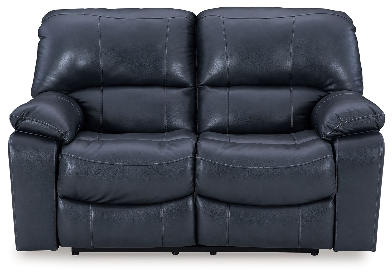 Power reclining loveseat, dark blue faux leather with cushioned back and armrests