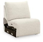 Light beige armless power recliner chair with tall back and cushioned seat