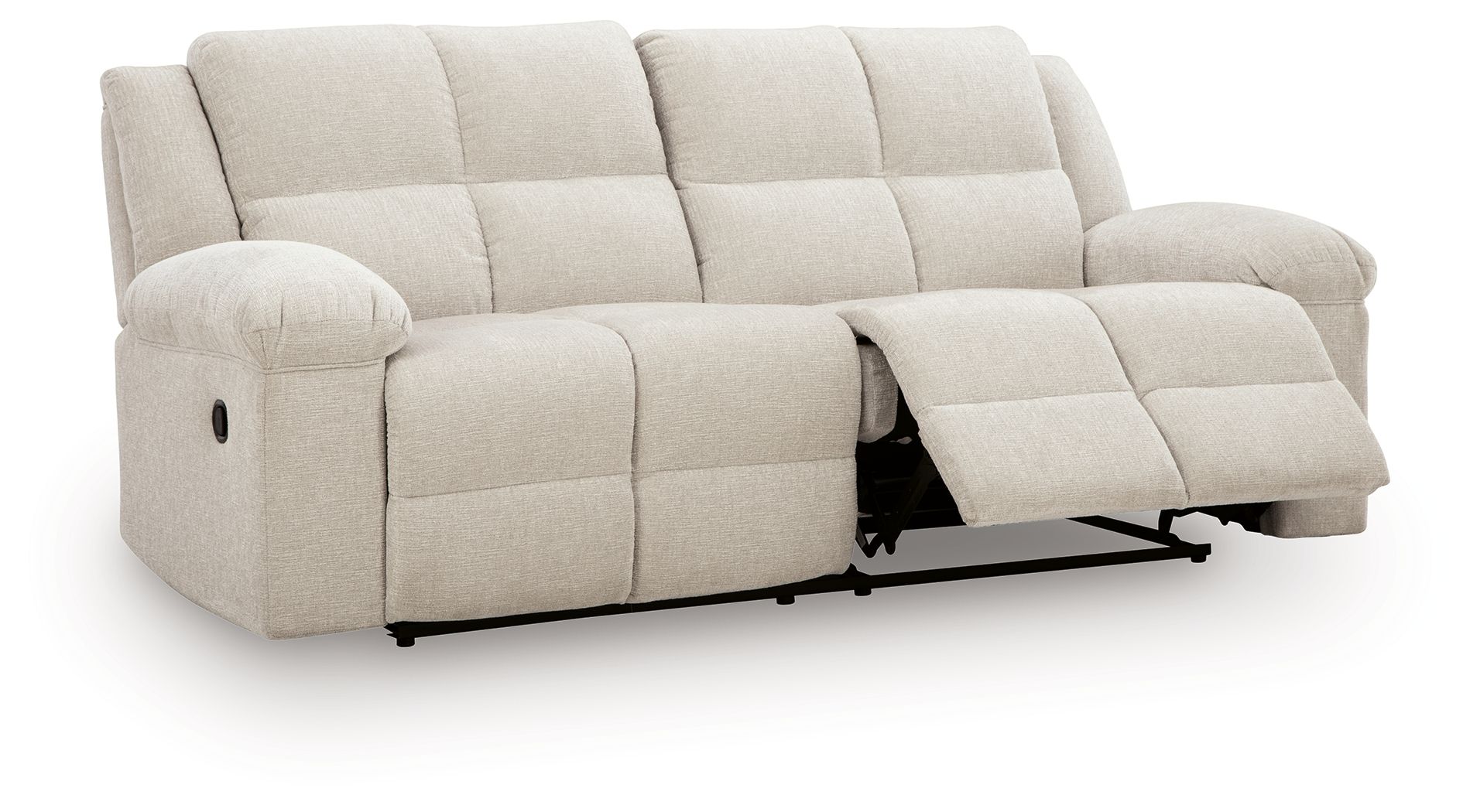 Light beige 2-seat reclining sofa with extended footrests and padded arms