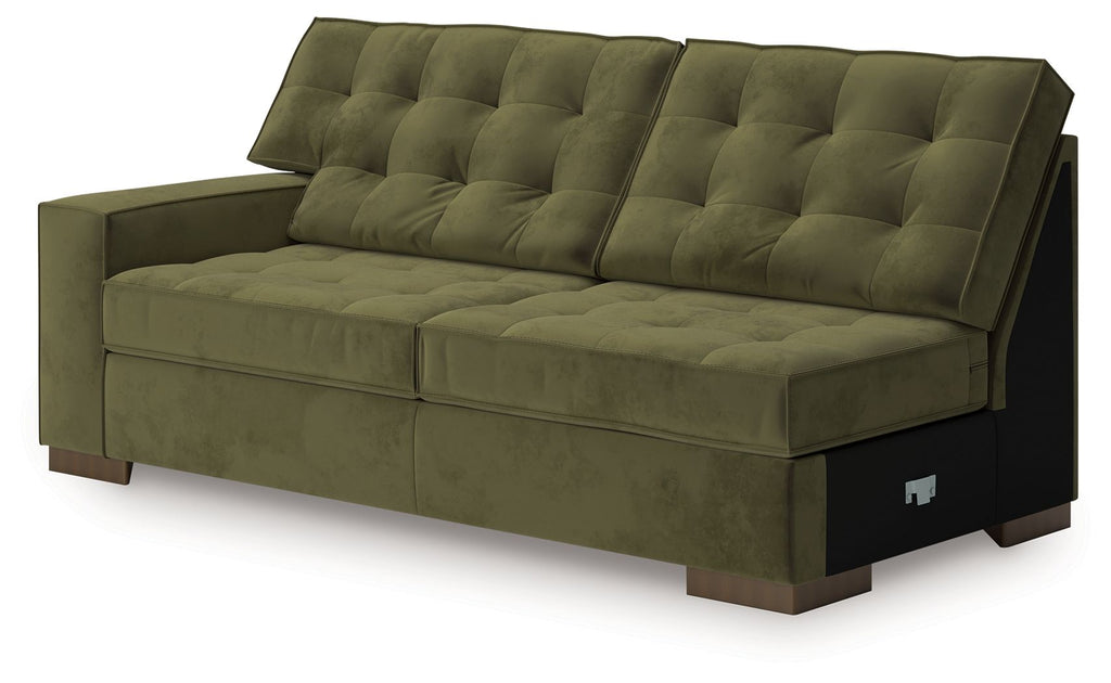 Olive upholstered sofa with tufted back and seat, thick arms, and tapered feet
