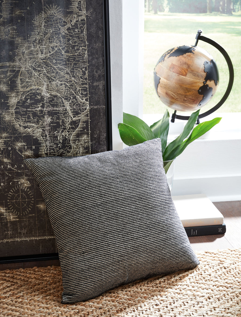 Dark striped square throw pillow with textured woven fabric