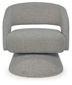 Pebble gray swivel accent chair with barrel back, padded arms, and rounded base
