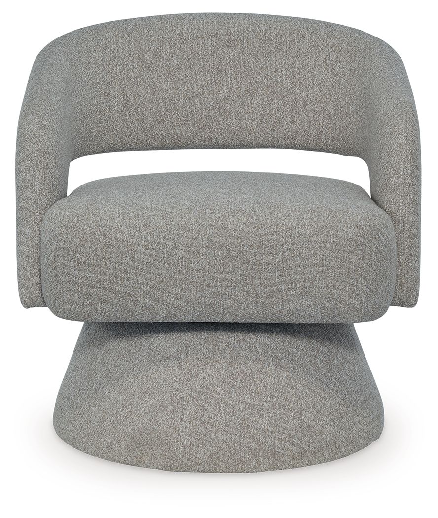 Pebble gray swivel accent chair with barrel back, padded arms, and rounded base