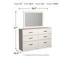 White dresser with mirror and drawer layout, shown with height and width measurements