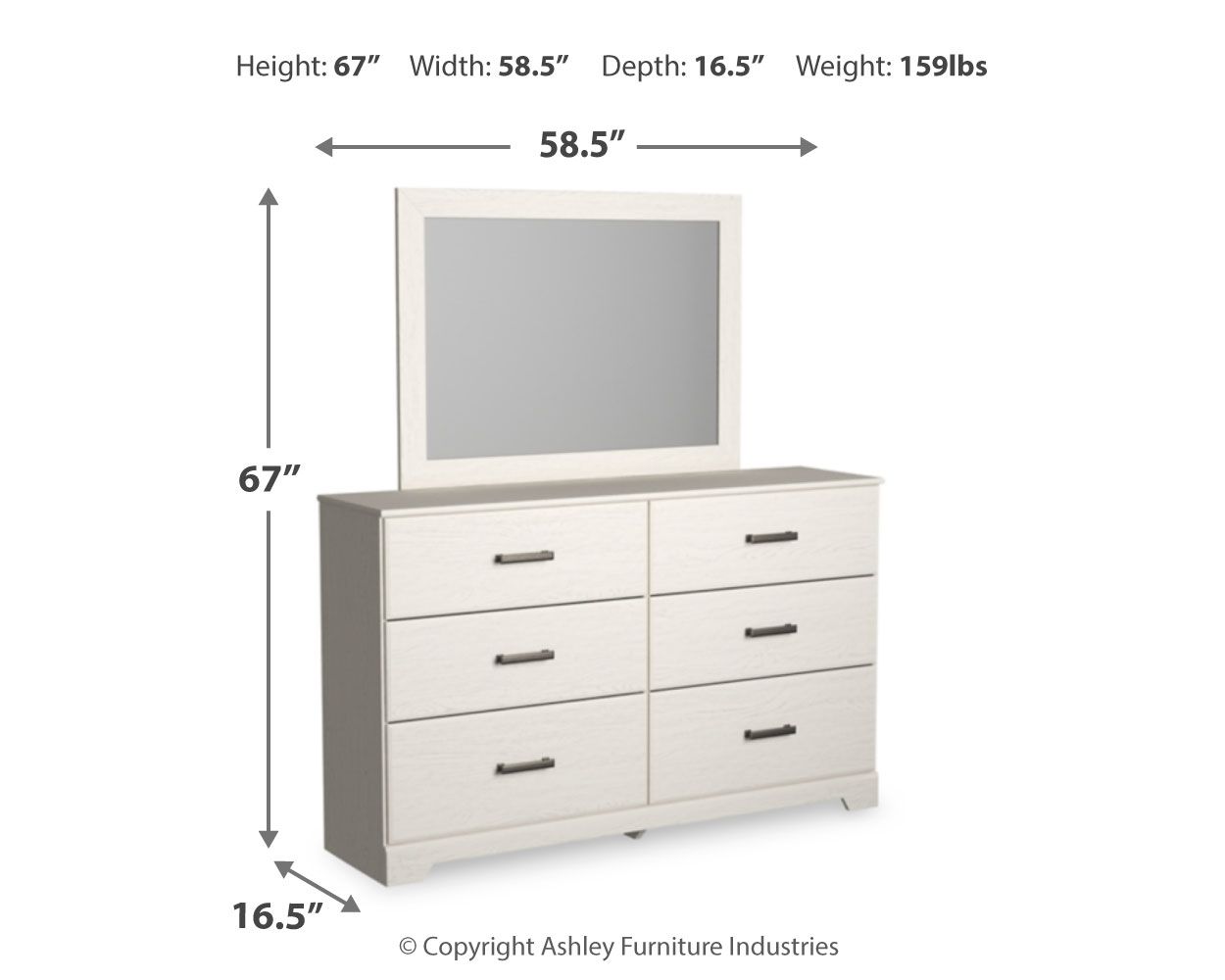 White dresser with mirror and drawer layout, shown with height and width measurements