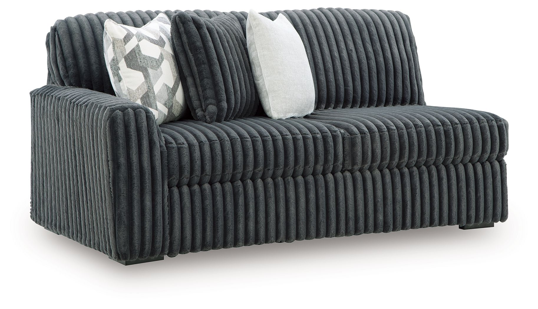 Ribbed corduroy sofa, gunmetal-gray upholstery, two throw pillows (patterned and solid)