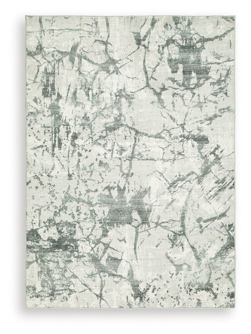 Washable rug square, beige with cracked marble texture and gray-green speckles