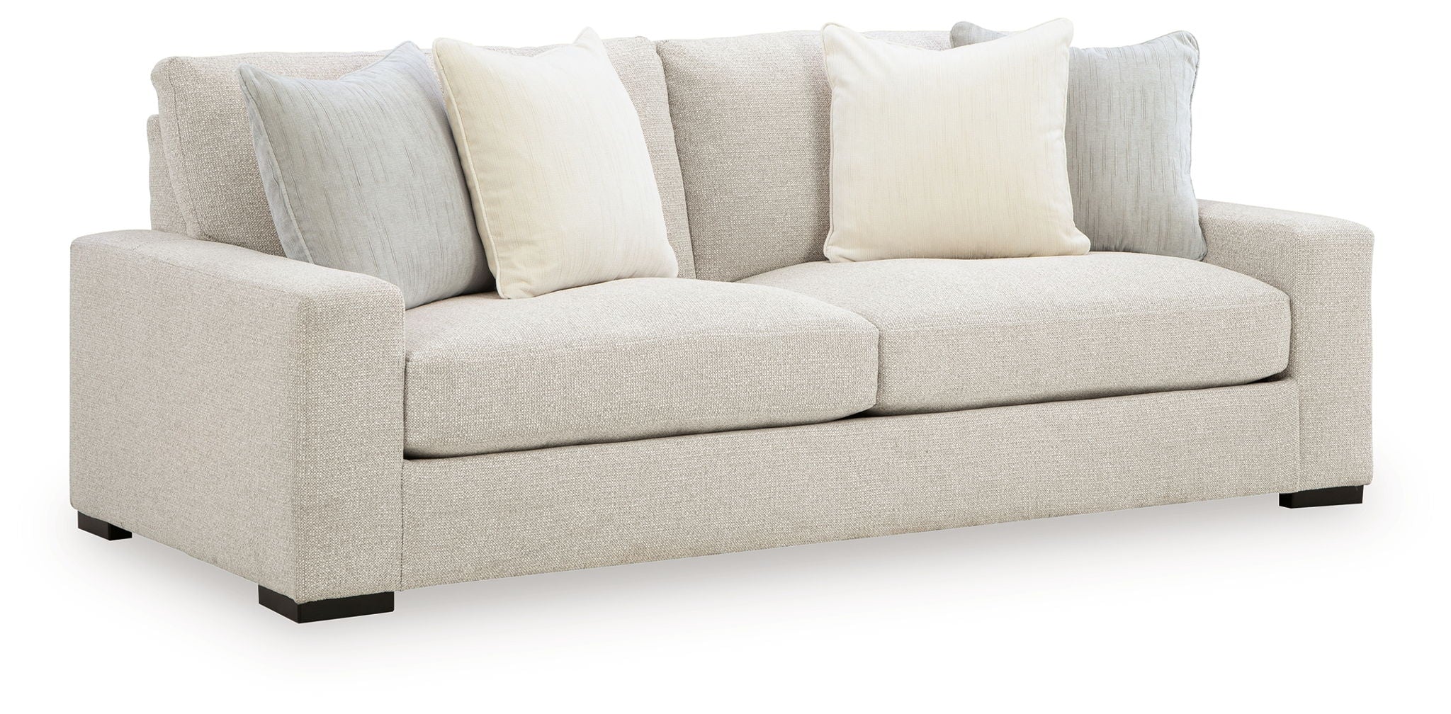 Conlee-Pike linen sofa in light beige with three seat cushions, square arms, black legs