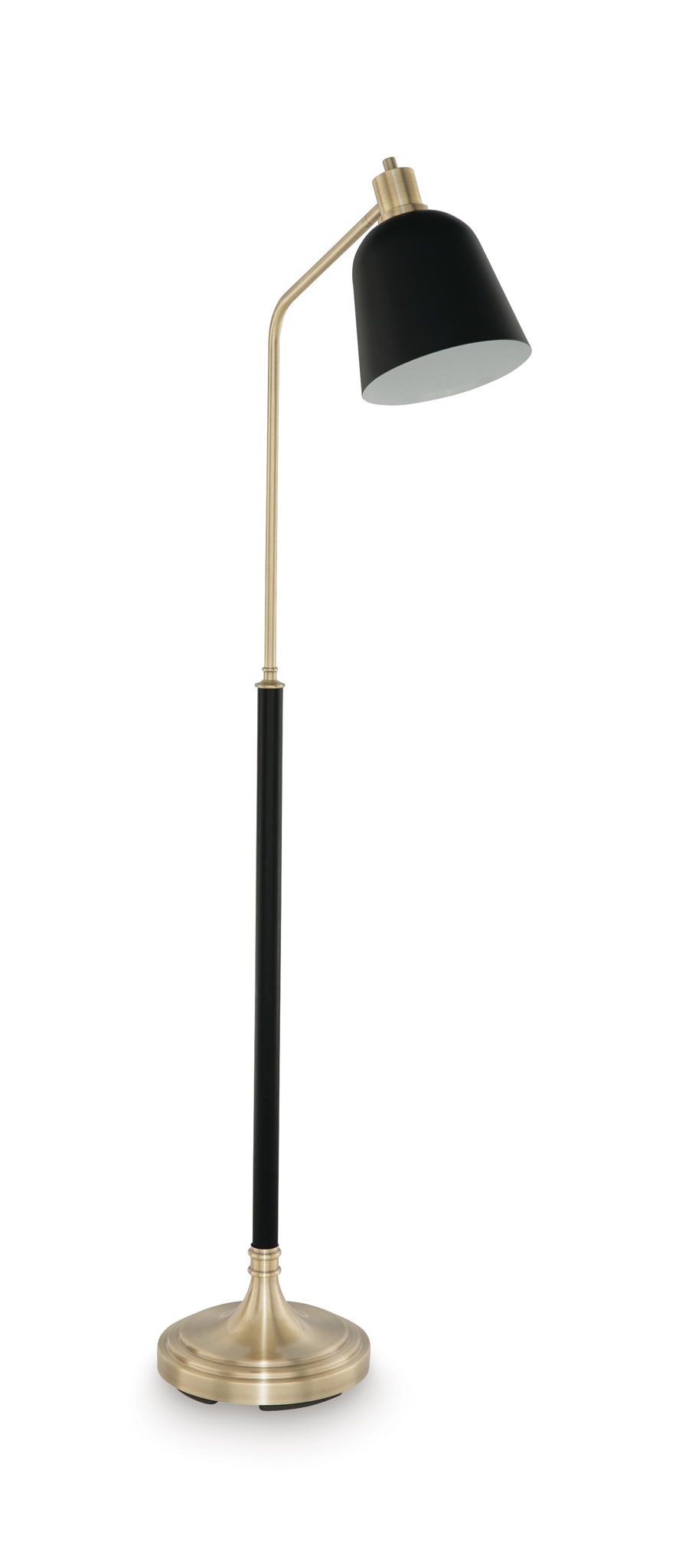 Black metal table lamp with brass curved arm and round base, single cone shade
