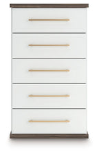 Brown and white five-drawer chest with wood bar handles and flat top