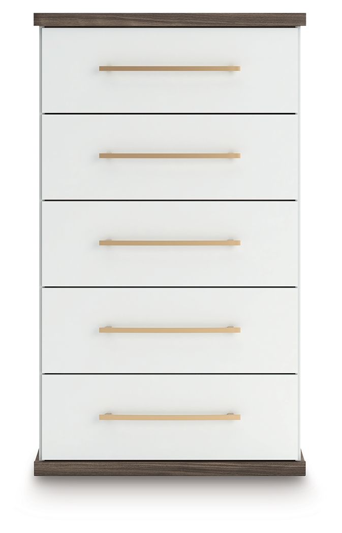 Brown and white five-drawer chest with wood bar handles and flat top