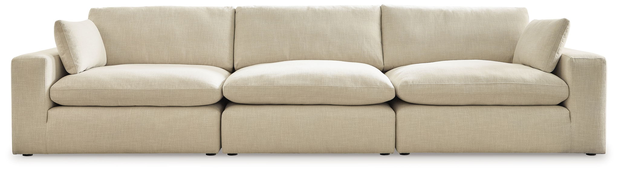 Linen sectional sofa with three seat cushions and light beige upholstery