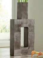 Wrengrove vase in dark gray, open rectangular window framed by mosaic blocks