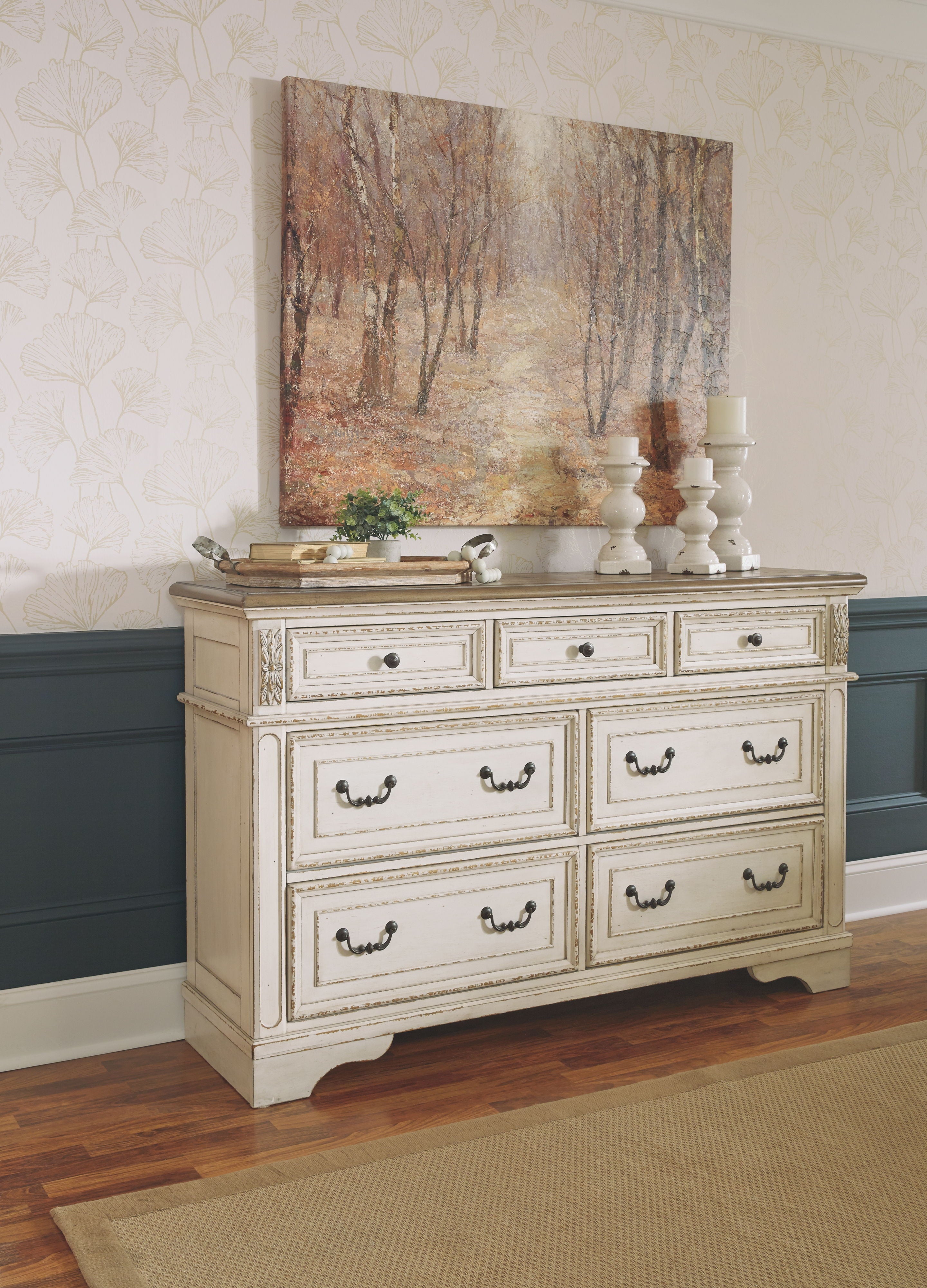 Two-tone dresser with central mirror and six drawer fronts