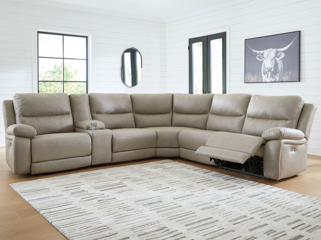 Pebble power reclining sectional sofa with chaise and plush padded arms