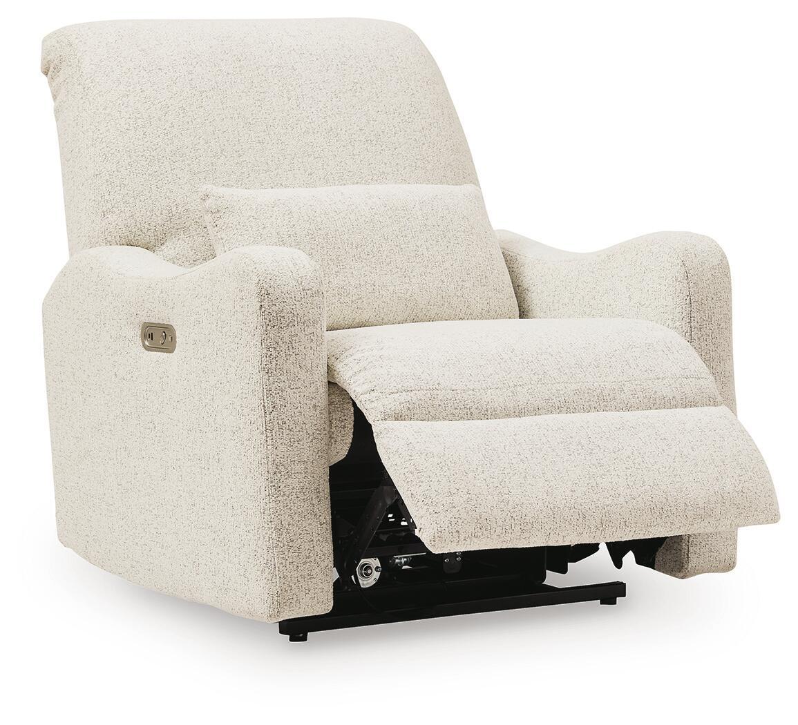 Power recliner chair with extended footrest and light beige upholstery