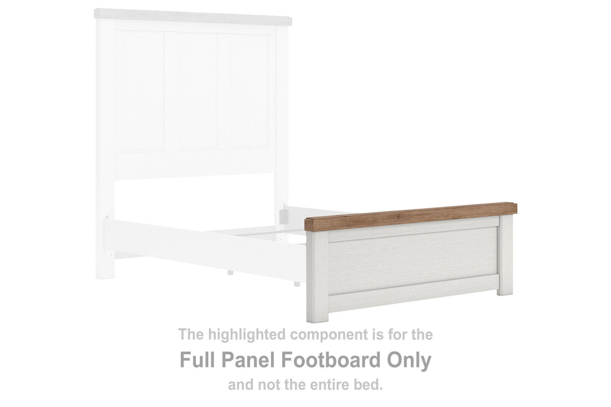 White full panel footboard with brown wood top trim and lower front panel