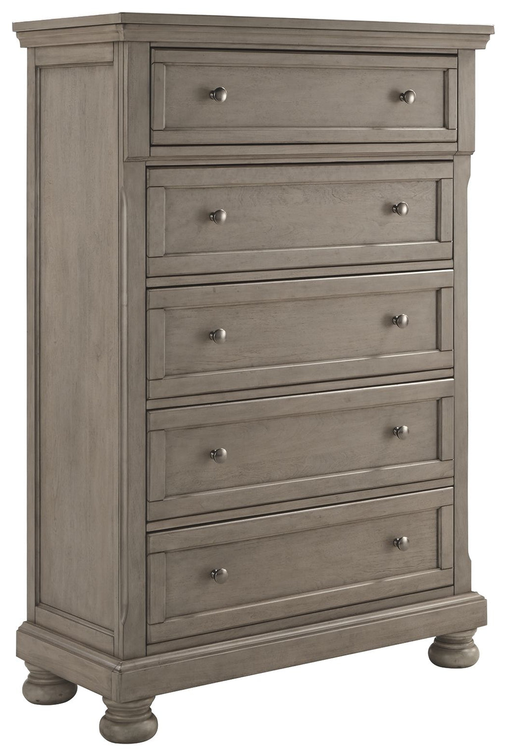 Light gray five-drawer chest with metal knobs, flat front panels, and short legs