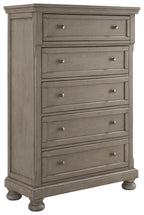 Light gray five-drawer chest with metal knobs, flat front panels, and short legs