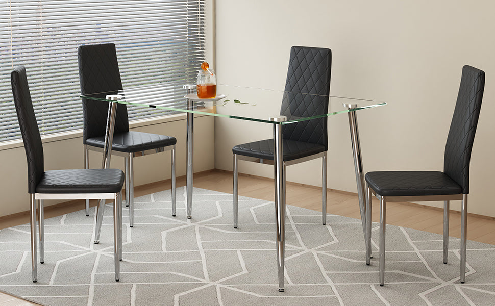 Glass Dining Table & 4 Black Chairs Set