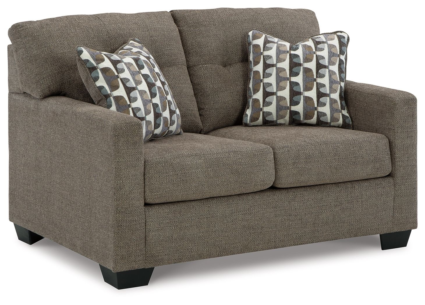 Loveseat with dark brown upholstery and two patterned throw pillows