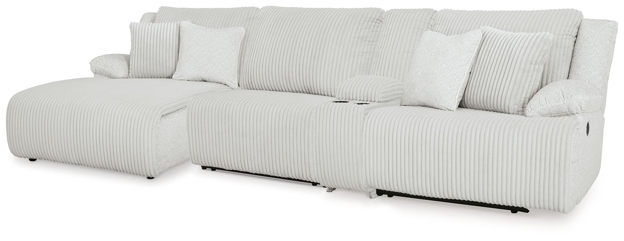 Light reclining sectional sofa with chaise and striped cushions plus back pillows
