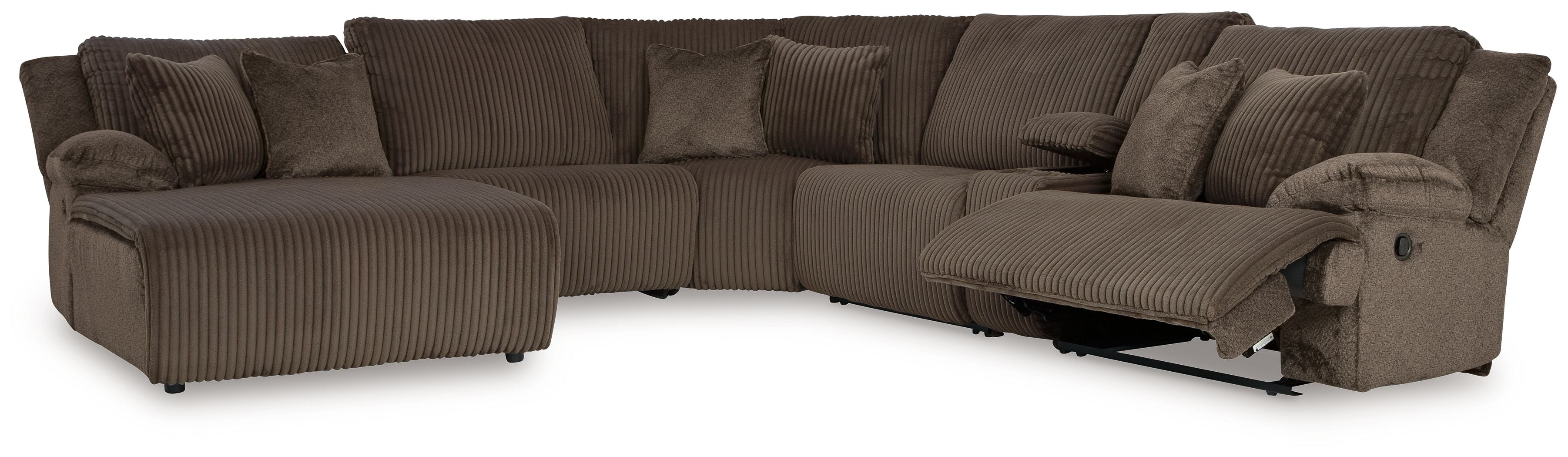 Chocolate brown striped reclining sectional sofa with chaise end and rounded back pillows
